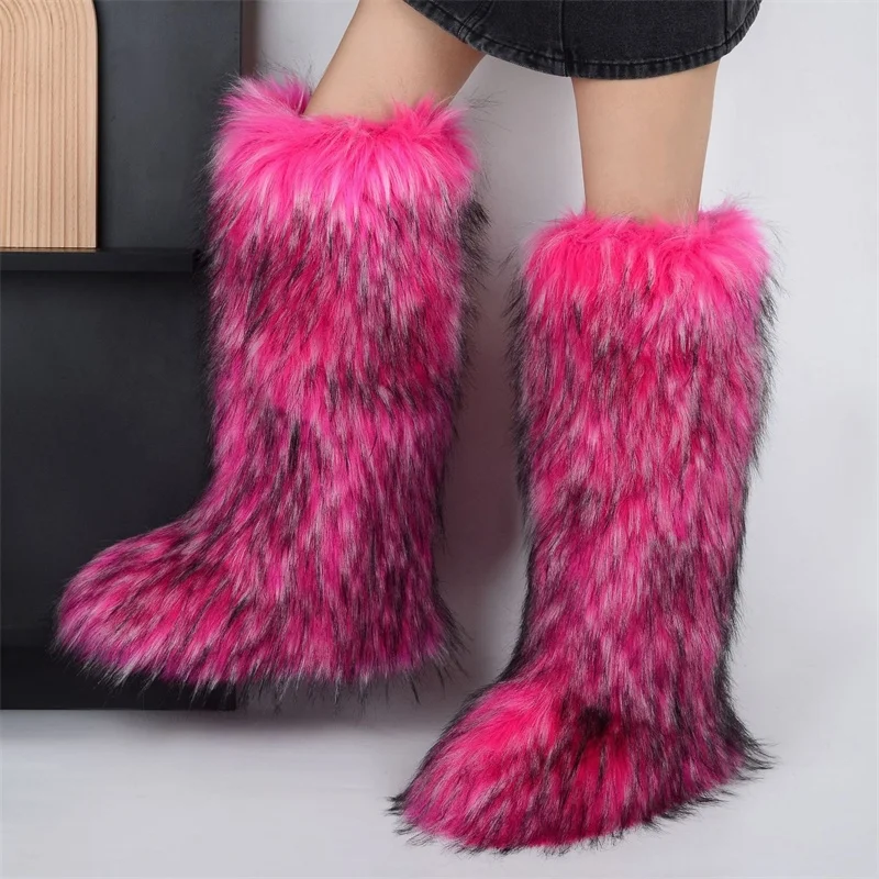 2024 Mongolian Women Boots Furry Colorful Winter Shoes Girls Warm Flat Casual Non-slip Footwear Faux Fur Snow Boots