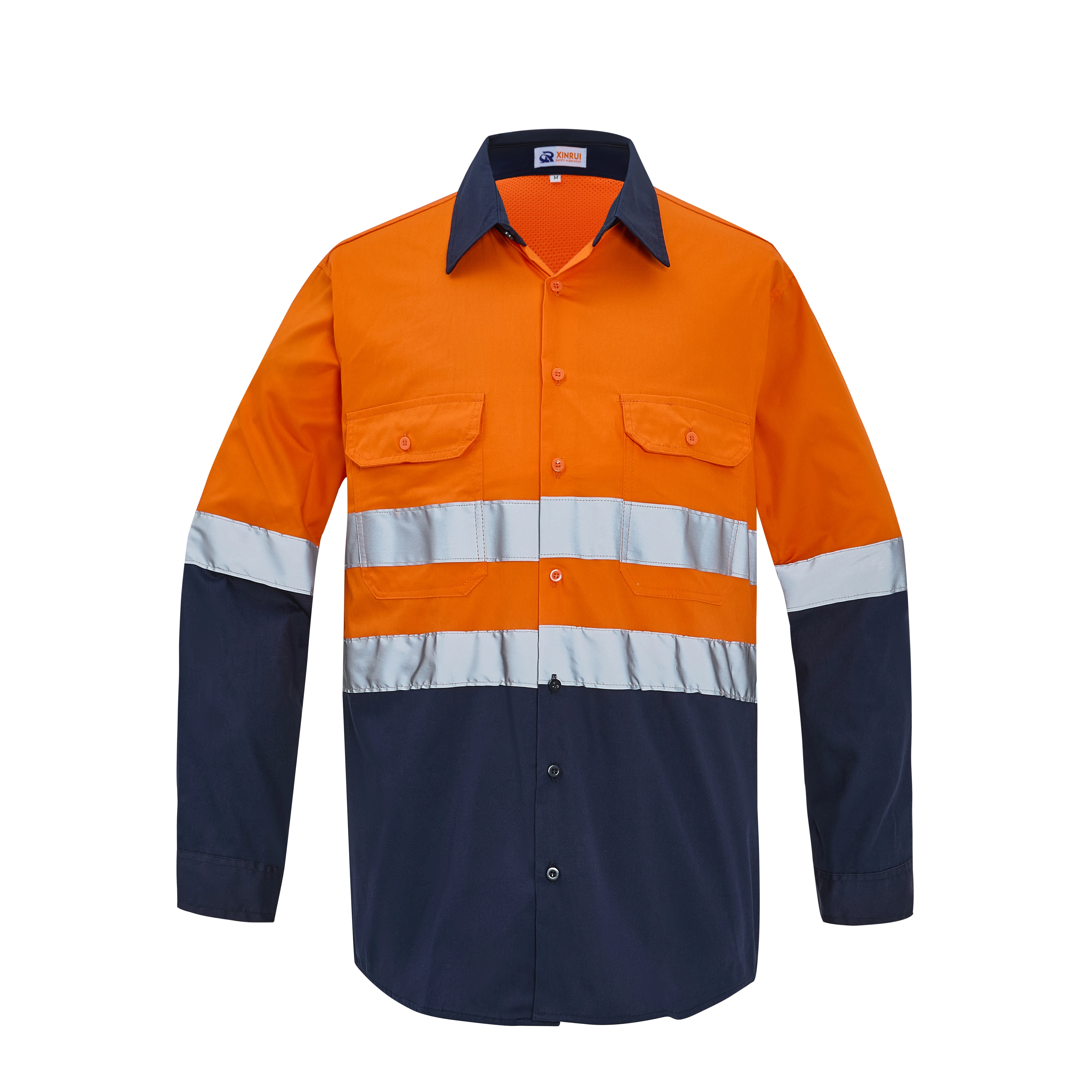 100% Cotton Reflective Safety Lightweight High Vis Tape Orange Work Shirt With Two Front Pockets