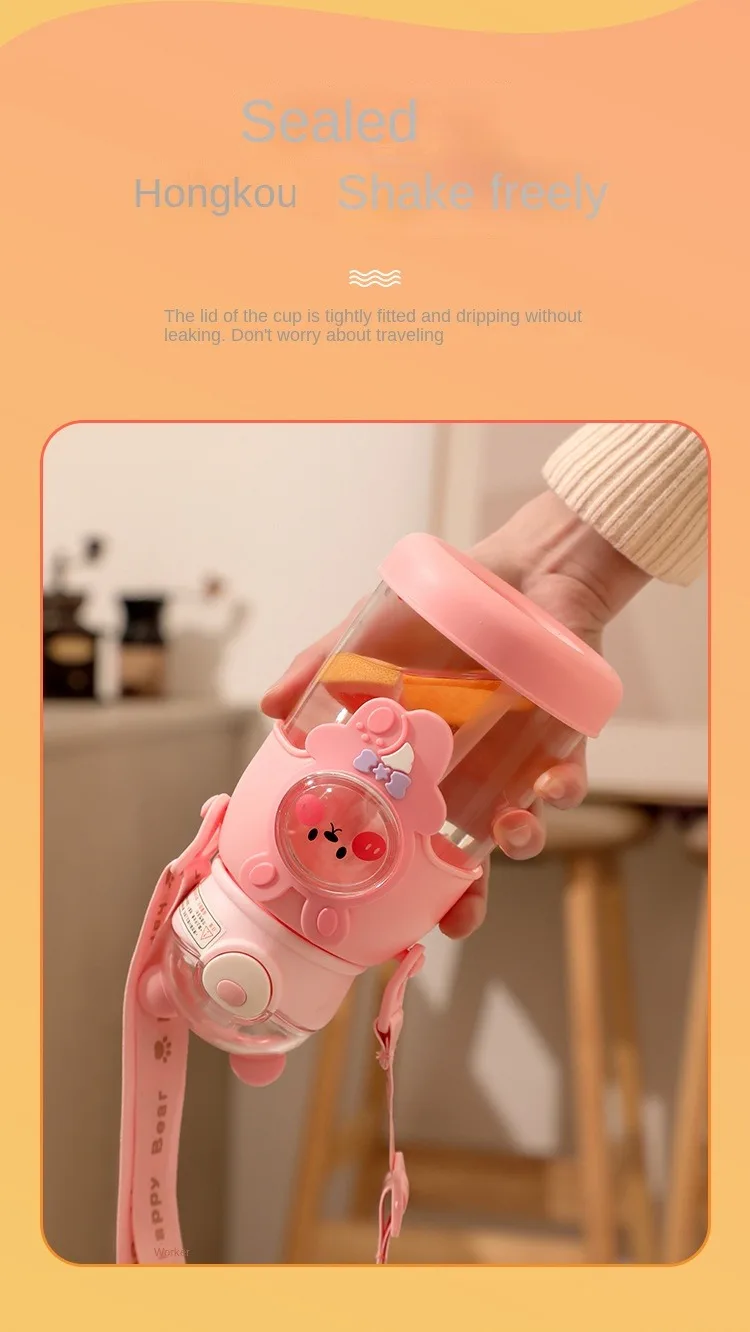Cute Design Cartoon plastics Water Bottle Kids 700ml Water Bottles Cup With Strap And Straw Outdoor Student Cup