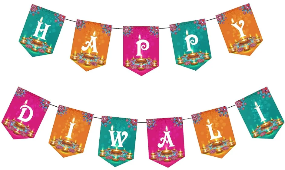 Happy Diwali Rangoli Diya Hindu Hanging Swirls Banners signs Flags garland for Deepavali Festival of Lights Party supplies decor