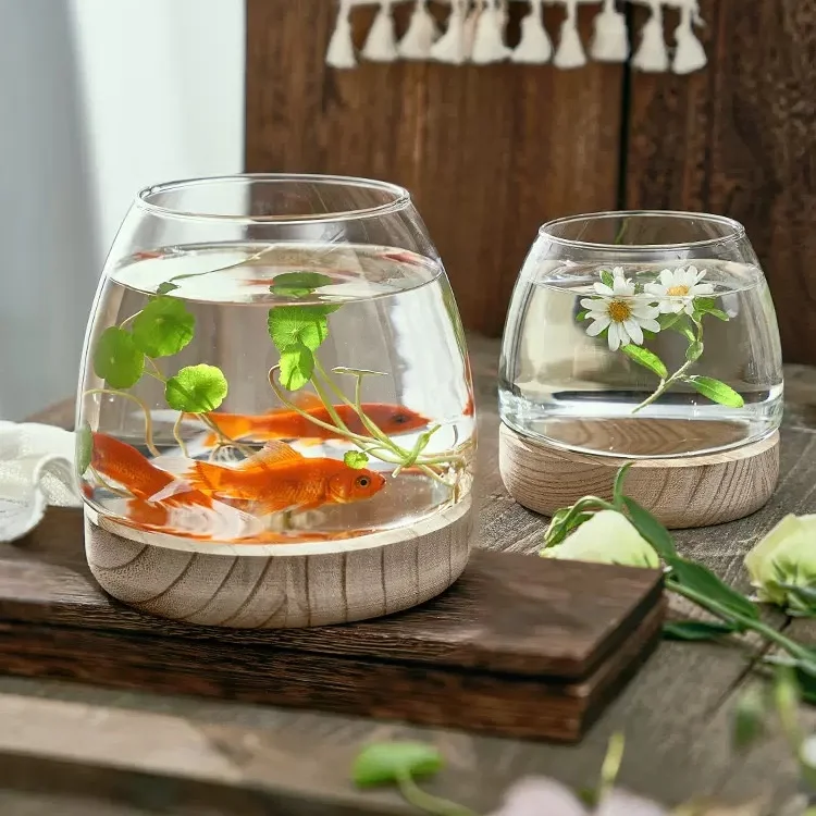 Luxury Custom Color Round Ball Shape Fish Bowl Flower Glass Vase with Wooden Stand For Home decorate