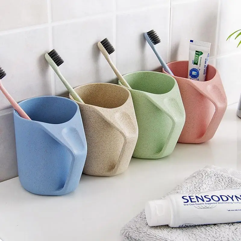 
Wheat Straw Mugs Biodegradable Plastic Cups Gargle Cup with Handle with Toothbrush Holder Hole Sloping Mouth Upside Down cup 