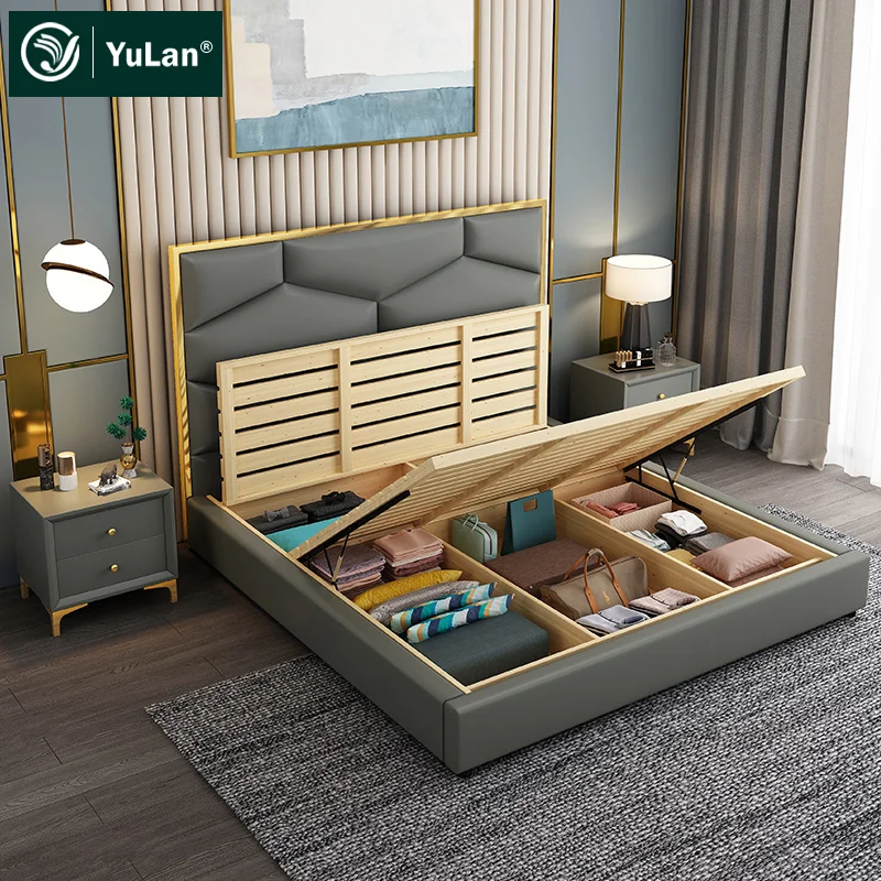 High quality bedroom furniture luxury headboard gray Pu Storage latest modern double bed