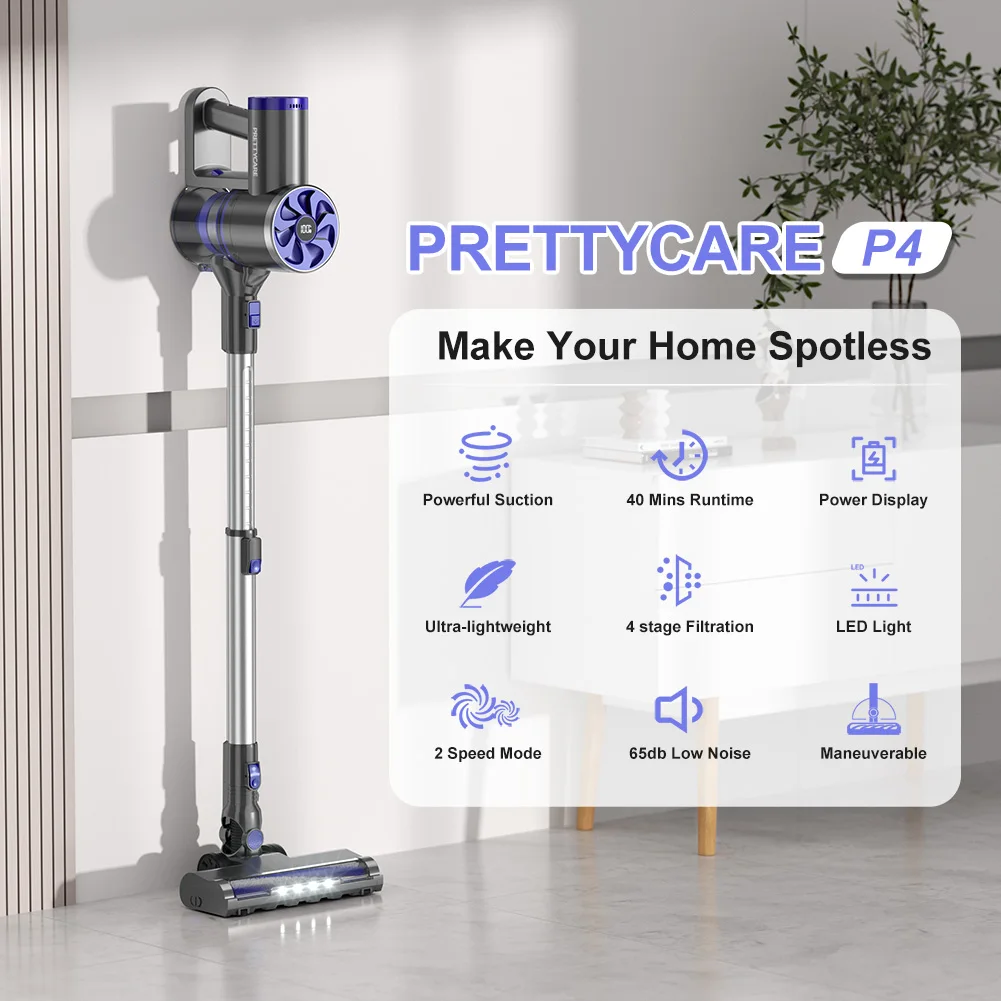 Cordless Vacuums House Cleaner PRETTYCARE P4 Handheld Electric with Led Light & Telescopic Tube to Remove Home Bed Mites Cleaner