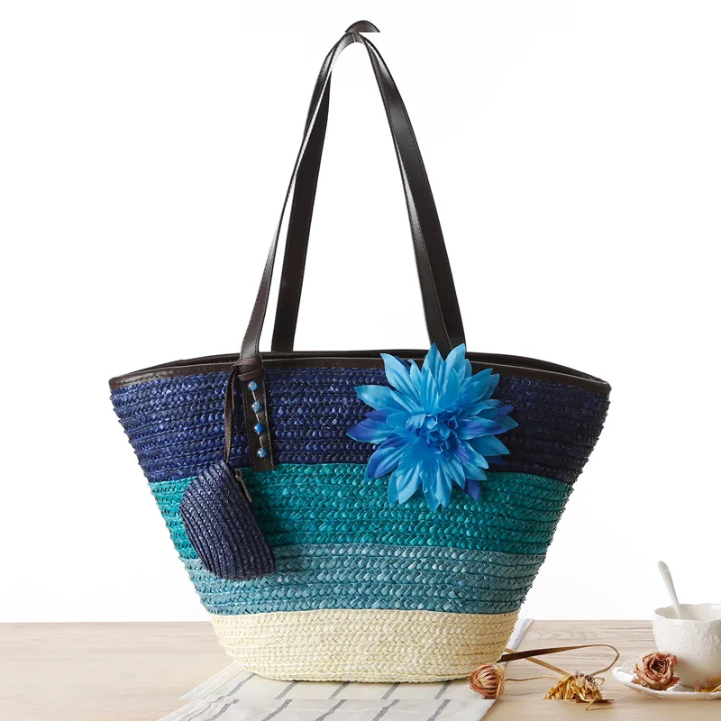 PU Handle Summer Travel Ombre Wide Colorful Stripes Flower Decoration 2Pcs Set Wheat Straw Basket Tote Beach Bag with Coin Purse