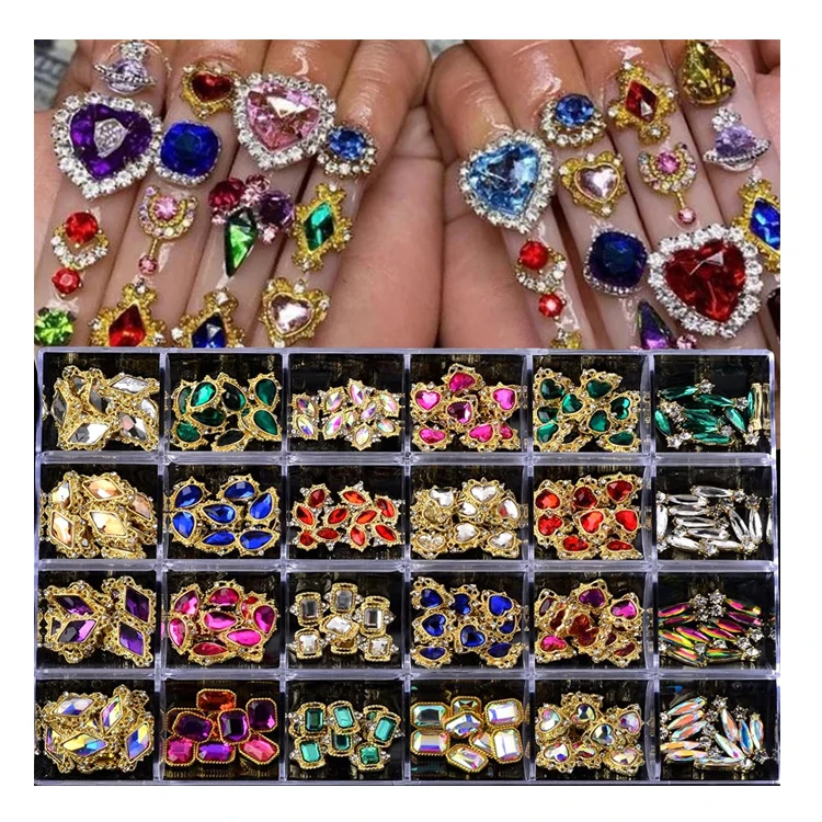 24 Grid Luxurious Nail Charms Boxed Evil Eye Bowknot Alloy Zirconia Mixed Diy Nail Stickers And Diamond Nail Art Jewelry Set