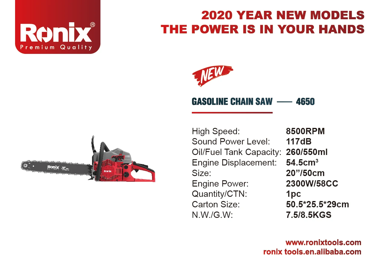 Ronix Model 4650 Petrol Gas Wood Cutting Machine Hand Manual Garden Field Steel Power Tools CS5800 Gasoline Chain Saw