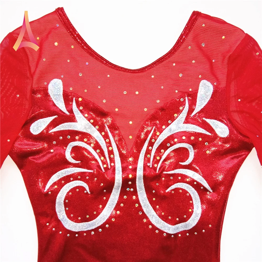 Fancy Long Sleeve Gymnastics Leotard Red Girls Leotard