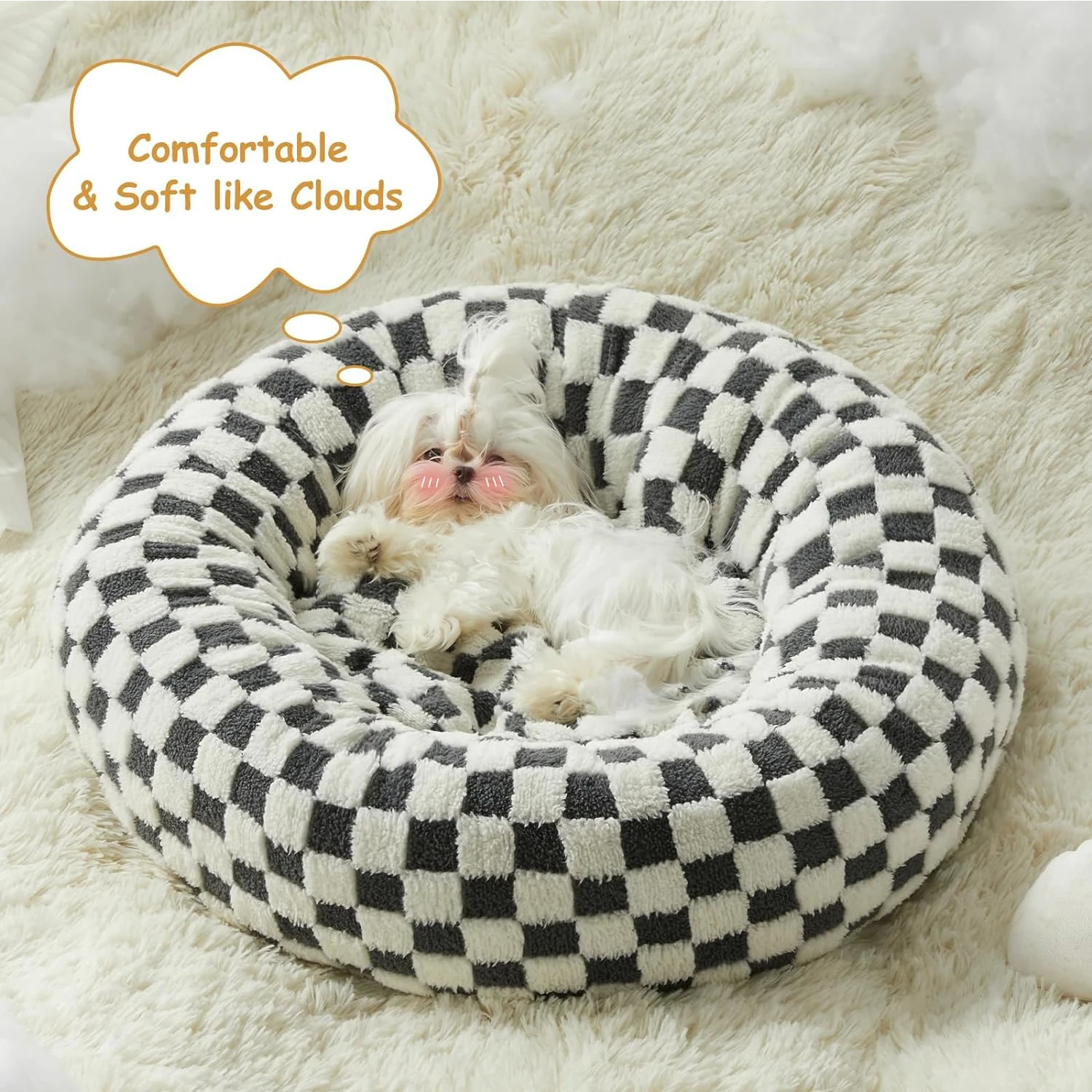 Calming Pet Bed for Puppy and Kitty with Non-Slip Bottom Cute Fancy Dog Bed Machine Washable Plush Fabric Boucle Dog Bed