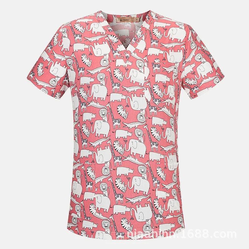 Fashionable Top Quality Whole 100% Cotton Nurses Uniform Christmas Patterns Scrub Top