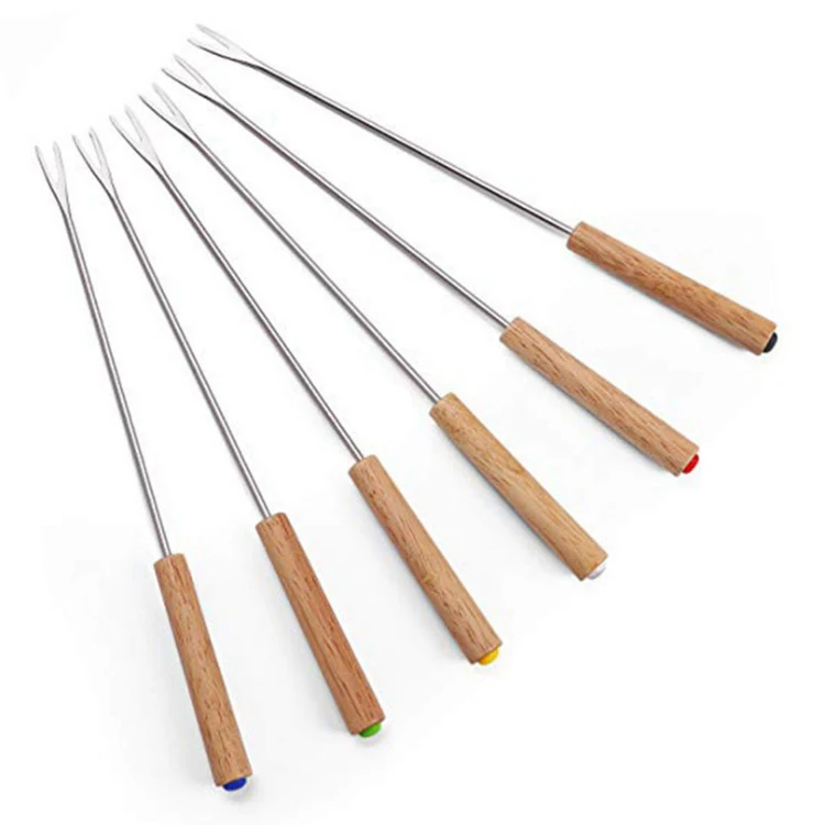 Wholesale Cheese Chocolate Set of 6 Stainless Steel Fondue Forks with Wooden Handle for Melting Pot Ceramic fondue set