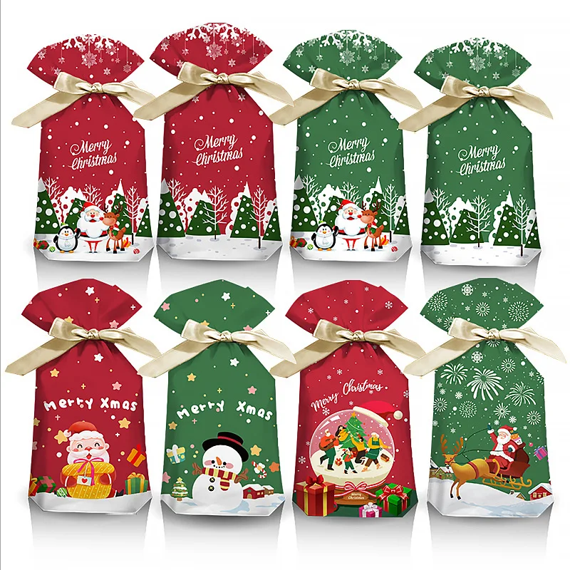 Christmas Drawstring Gift Bags 50PCS Assorted Sizes Reusable Plastic Packaging Bag For Candy  Presents Party