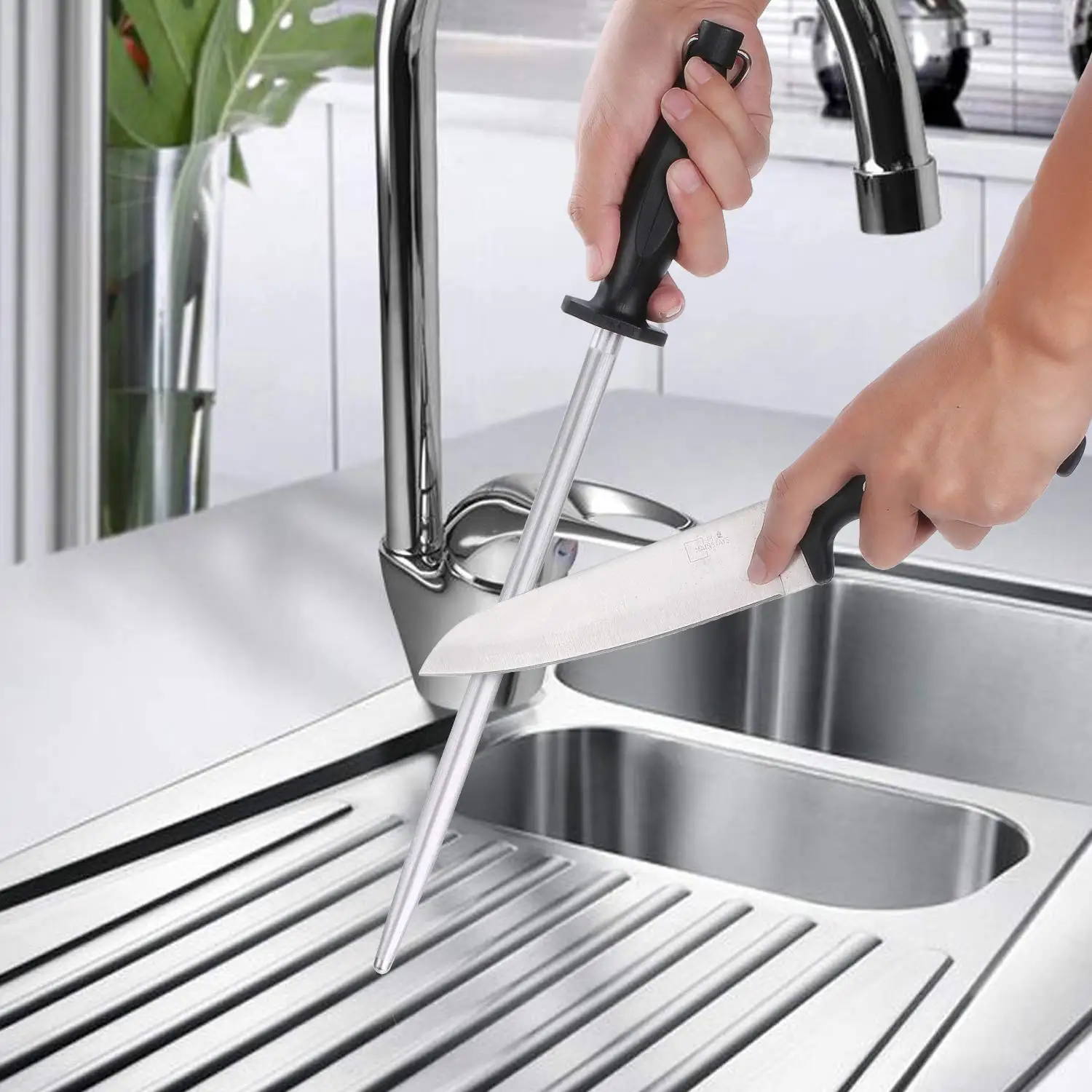 OEM custom 12 inch hand kitchen german knife sharpening steel rod with black PP plastic handle