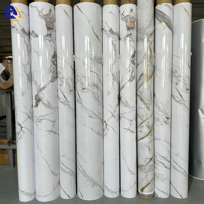 Not Self-adhesive PVC Interior Film High Glossy Marble PVC Film Anti-scratch Furniture Laminating PVC Film For Wall Decoration