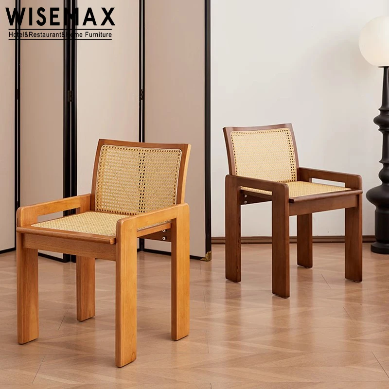 WISEMAX FURNITURE Retro style kitchen furniture solid wood rattan recliner backrest armrest single leisure chairs for restaurant