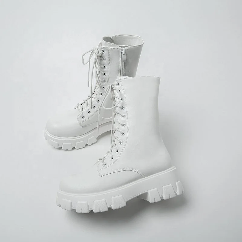 New Mid Calf Boots Women Autumn Winter Fashion Lace-up Zipper Boots Sports Platform Heel Ladies Shoes