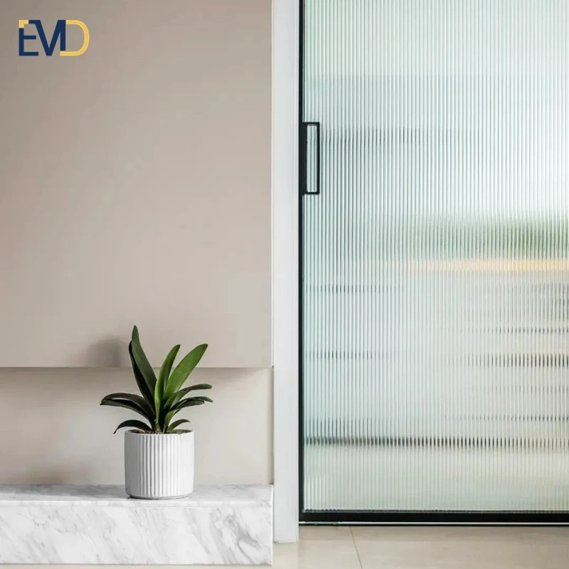Modern sliding door bedroom kitchen divider aluminum slim frame interior ribbed glass sliding door