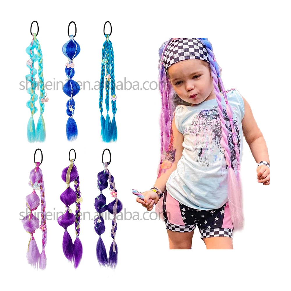 Shinein 12inch Colored Hair Pony Tail Extension Twist Handmade Synthetic Kids Braided Ponytail for Girls with Beads