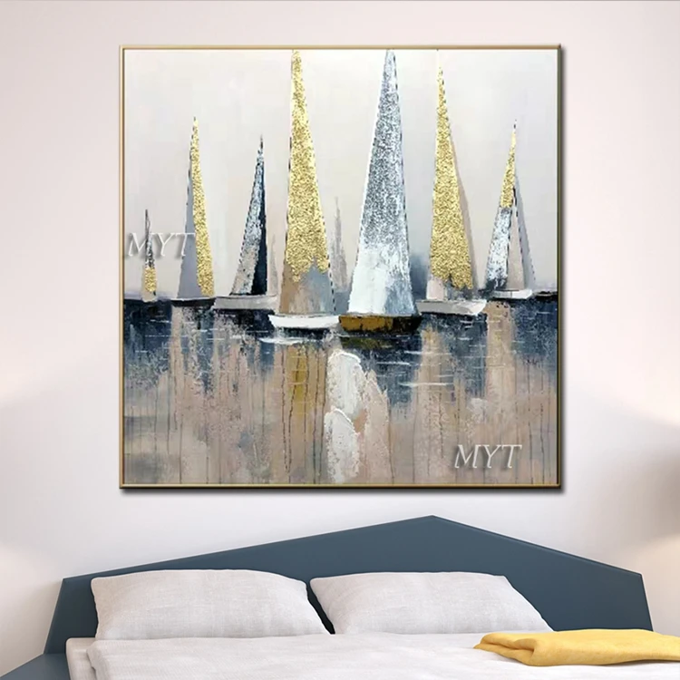 Latest Wall Paintings Picture Art Handmade Canvas Seascape Boat Oil Painting For Home