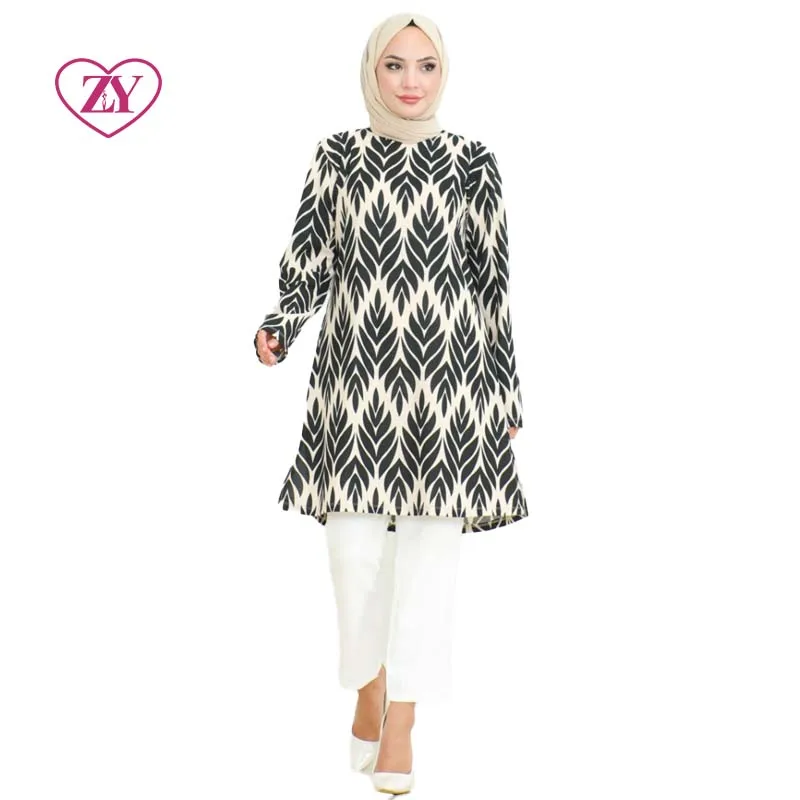 Brown Printed Knitted Tunic Top Plus Size 4 Seasons Islamic Fashion Tunic with Side Slit Muslim black Gown Skirt Bottom Skirt