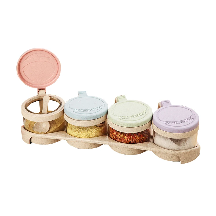 Kitchen wheat fiber 300ml*4  salt pepper sugar storage box condiment container cruet set glass seasoning jar with spoon