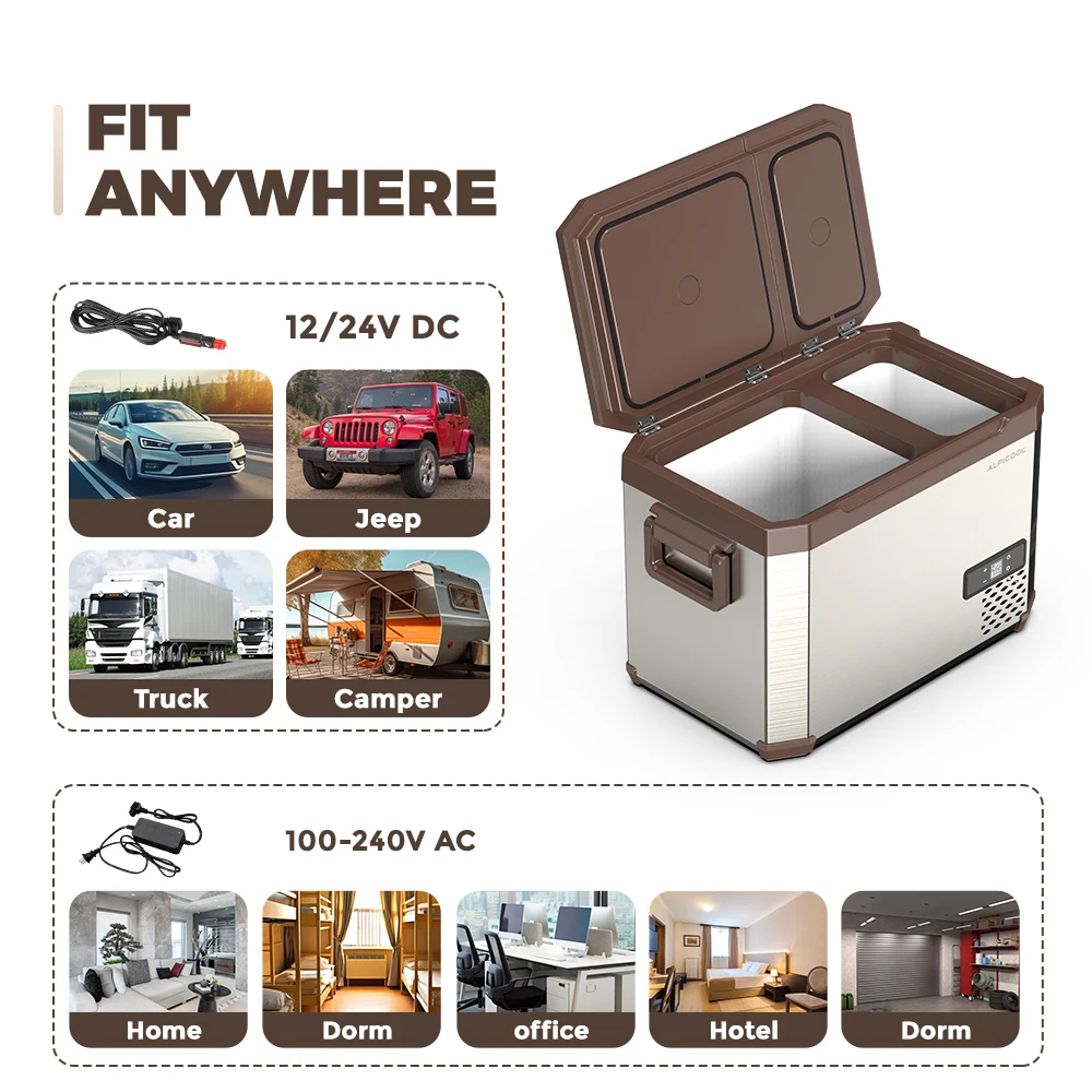 AH35 Alpicool Dual-zone 12V 24v Freezer fridge combo car Refrigerator Compact Metal casing Mini Car Fridge For Camping Outdoor