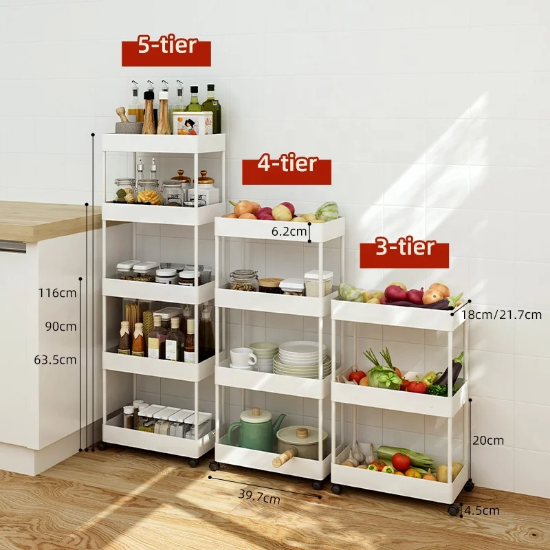 Narrow 4 tier flooring standing holders mobile island storage cart kitchen trolley with wheel