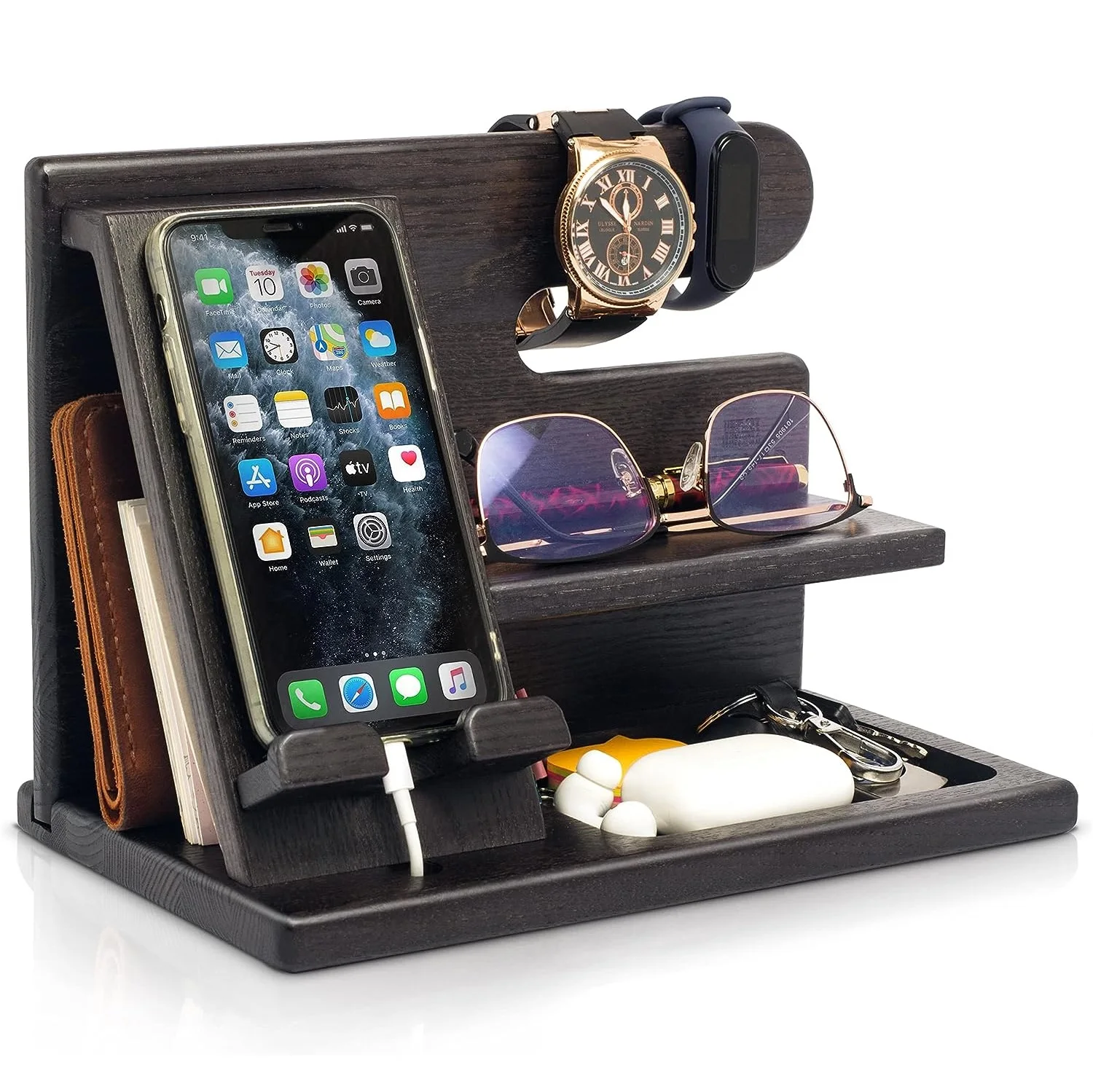 Bamboo wood mobile phone docking station charging watch stand