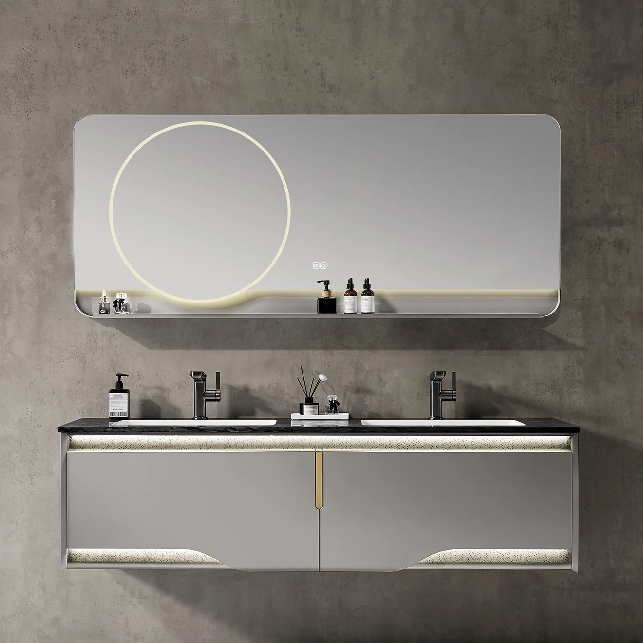 BNITM современный элегантный французский дизайн с двойным овальным зеркальным плавающим шкафчиком для ванной комнаты раковиной и светодиодной