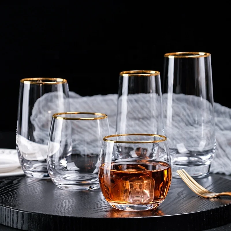 Clear egg shape Drinking stemless Champagne Glass with Gold rim