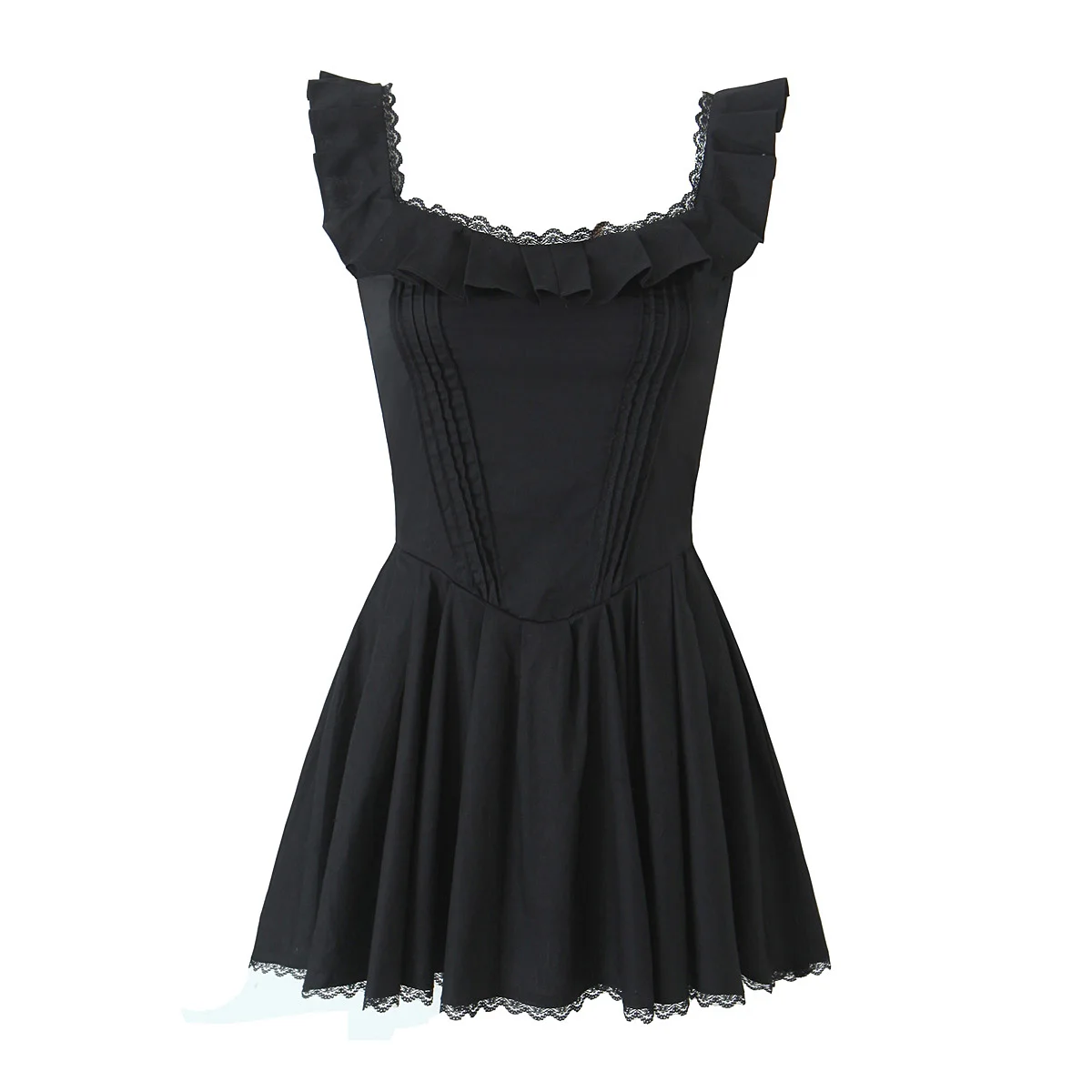 Sleeveless square collar shoulder strap black color casual fashion women cotton mini lace dress