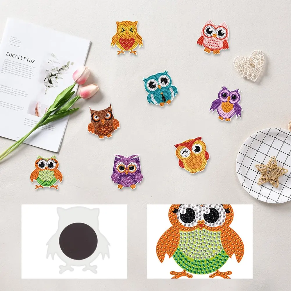 8Pcs Diamond Painting Owl Fridge Stickers  5D DIY Craft Magnet