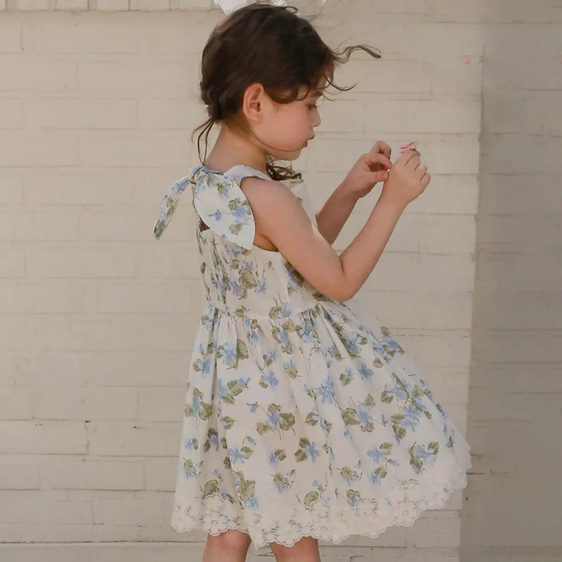 Summer South Korea Ins Dignified Hot Summer Kids Girls Floral Lace Dress Korean Style Baby Girls Sweet Vest Cotton Dress
