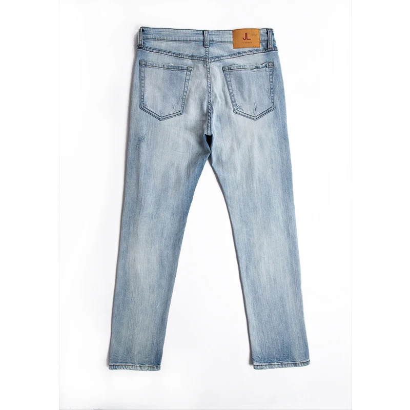 2020 stock jeans original denim jeans manufacturer blue aged wash slim fit button fly ripped biker jeans men with cheap price