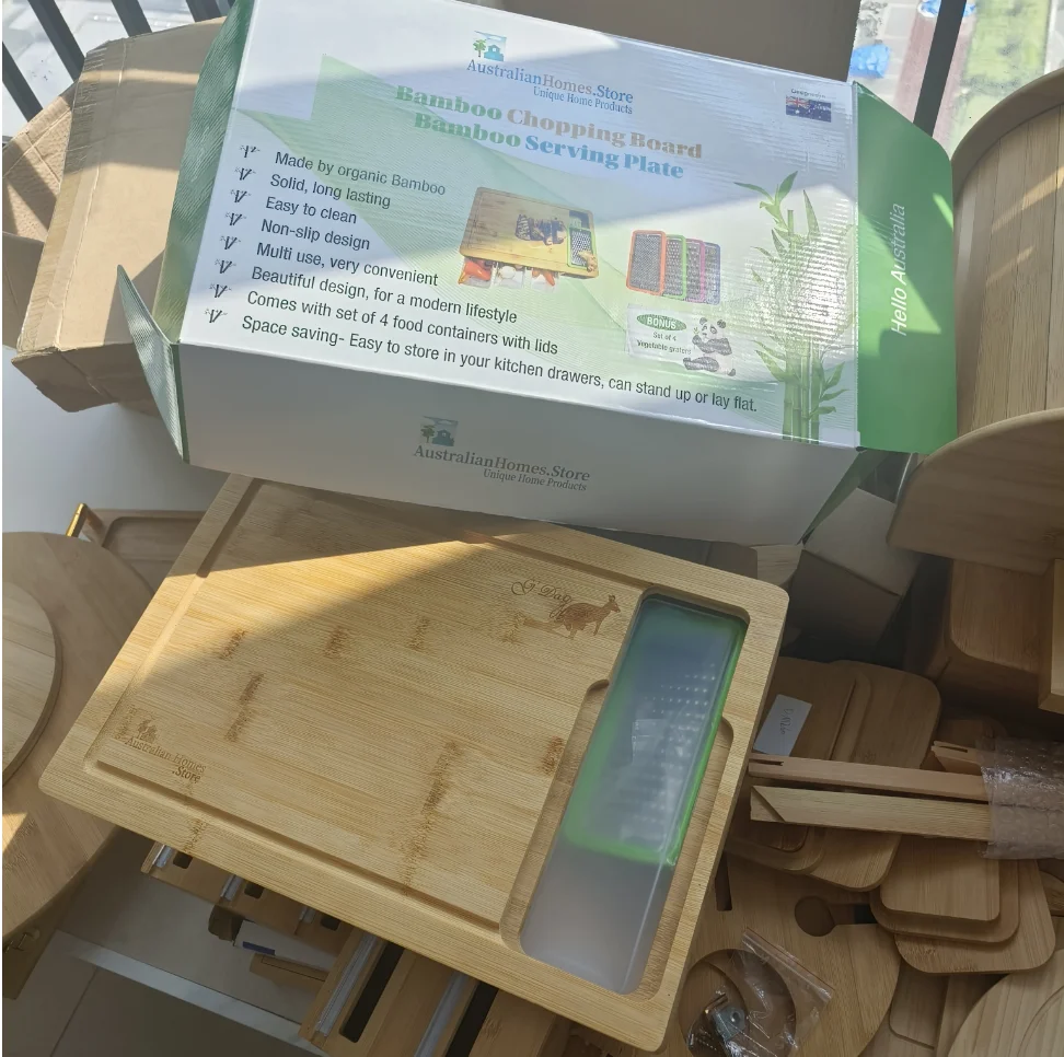 Hot sell Kitchen Large Chopping Juice Groove Bamboo Cutting Board With 4 Acrylic Drawers Food Storage Tray