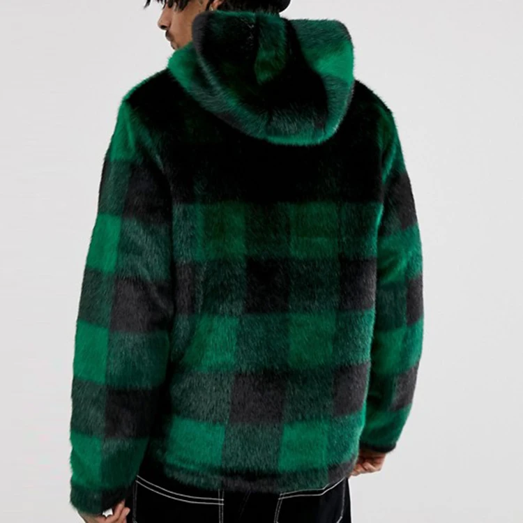 men faux fur coat lightweight green check Fixed hood faux fur jacket