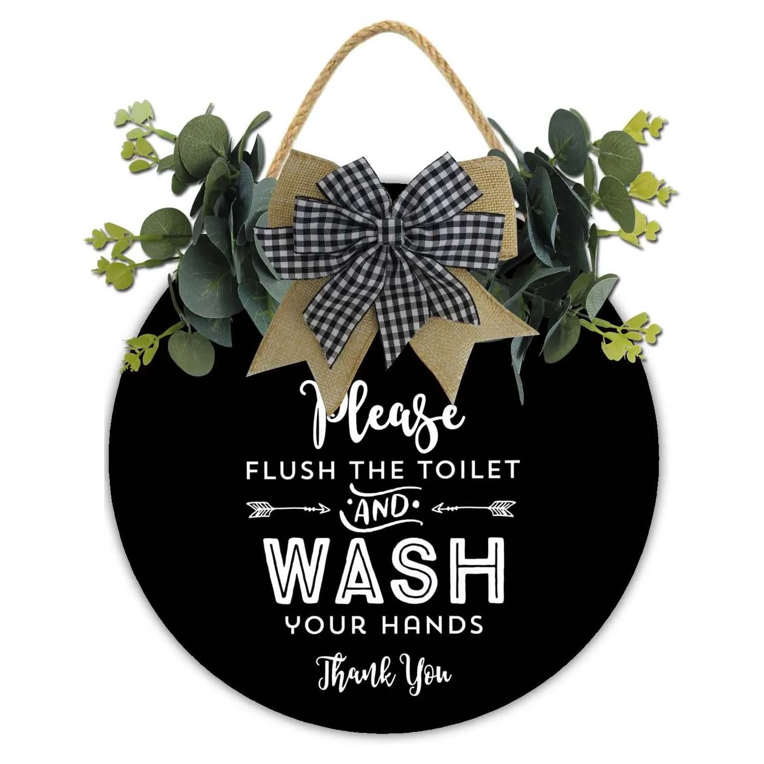 Please Flush The Toilet And Wash Your Hands Thank You Wall Art Decor Rustic Round Wooden Hanging Decorative Wood Sign Door Decor