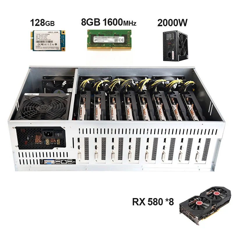 8pcs GPU RX 580 8G S37 V2 Motherboard Set Combo  64GB MSATA SSD Power Cable With DDR3 8GB Memory