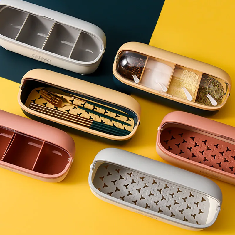 HelloWorld 2021 Multifunctional Household Seasoning Box With Spoon Kitchen Four-compartment Pot Of Sugar And Msg Seasoning Chopsticks Box