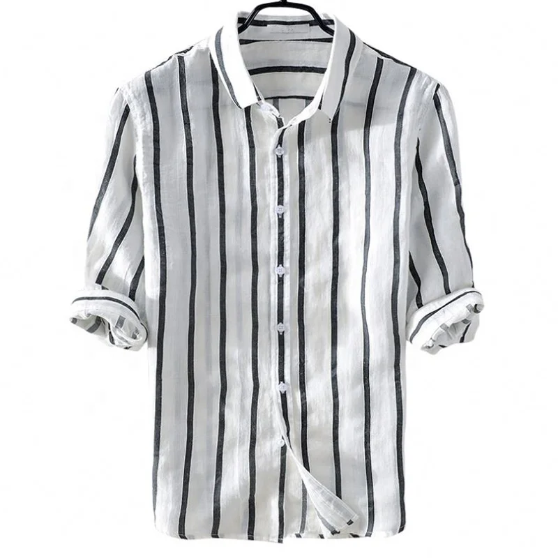 High quality custom cool breathable fancy striped half sleeve men casual  linen hemp shirts for summer