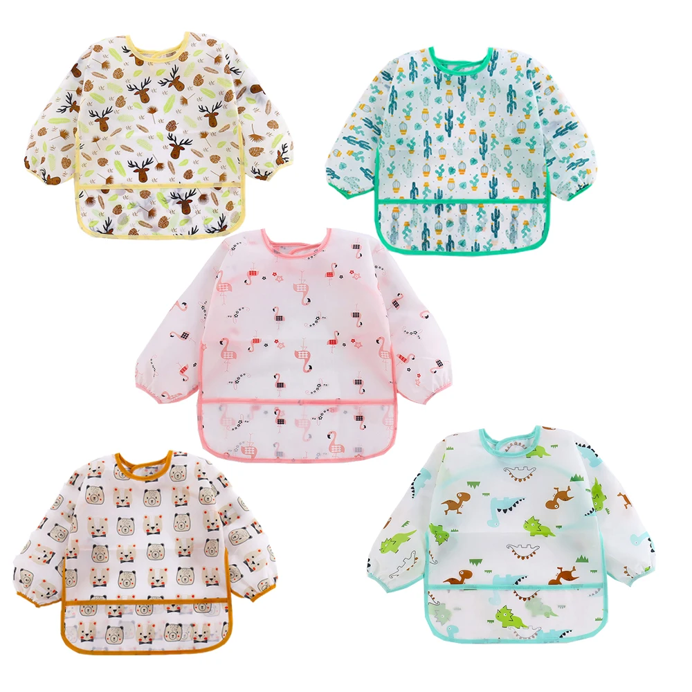 waterproof baby messy play apron animal plants printed feeding baby dinner bib long sleeve bibs baby
