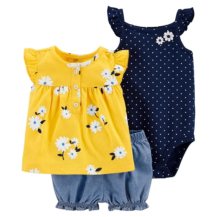 Wholesale 3 pieces baby clothing set newborn sleeveless romper short sleeve pants 3-6 month baby girl clothes