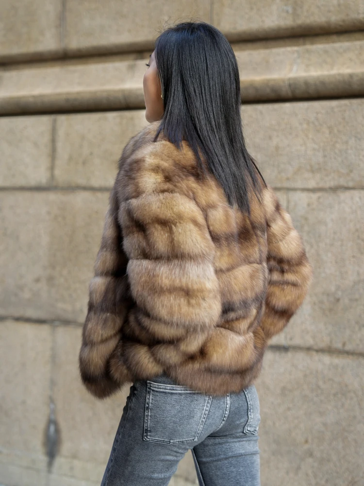 Luxury Real Russian Sable Fur Coat Winter Warm Long Sleeve Standing Collar Mink Coat With Pocket