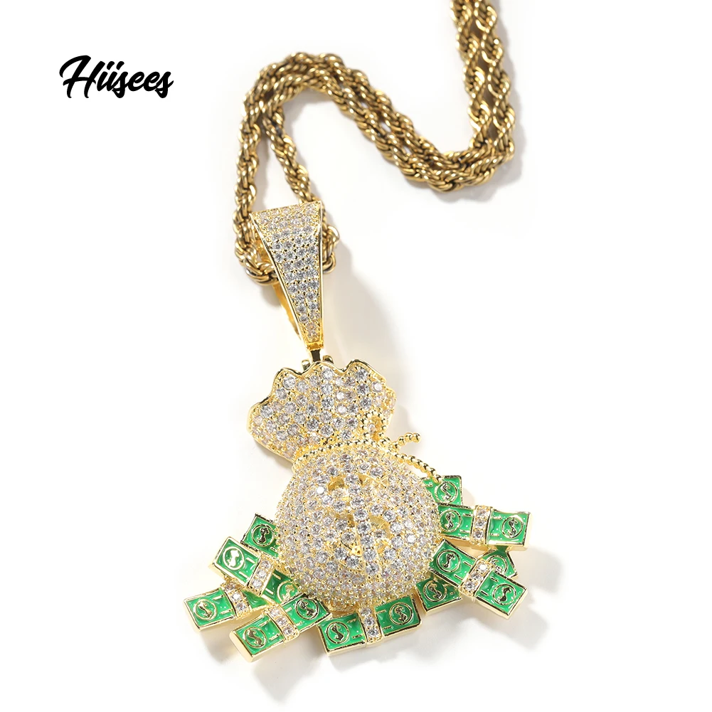 Hip Hop Classical US Dollar Pendant Jewelry CZ Bling Fancy Big Enamel Dollar Necklace Pendant for Mens Women Gift