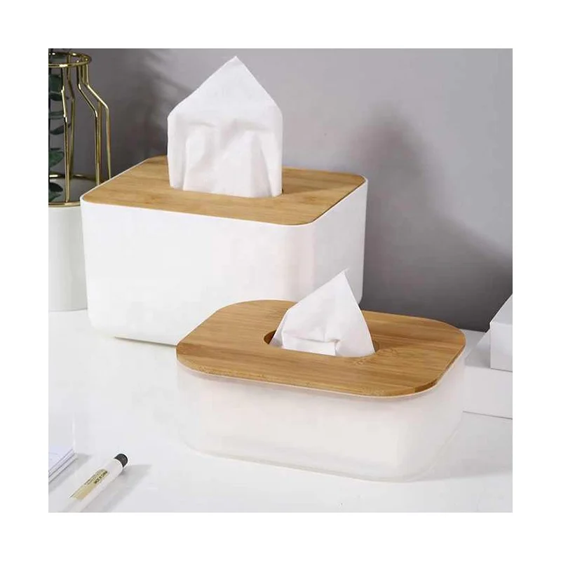 Creative home office desktop restaurant PP rectangle tissue box baby kids tissue holder plastic tissue box with bamboo cover