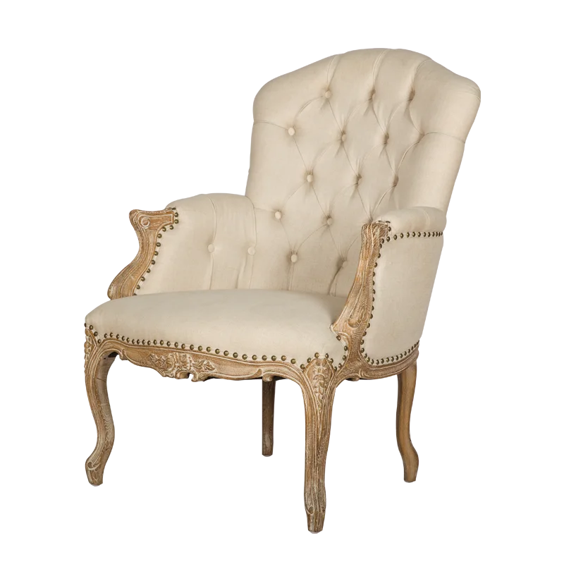 Comfy Reclining French Arm Tufted Elegant Accent Carved Oak Frame Vintage Wood Furniture Chair For Living Room