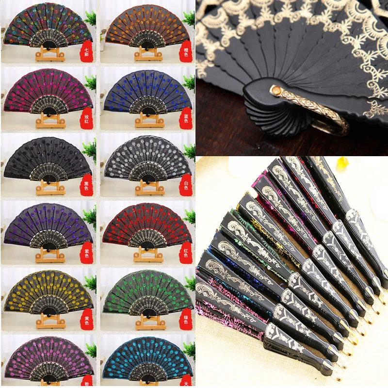 Spanish style foldable plastic embroidered sequin Hand Fans for wedding gifts dancing party Supplies