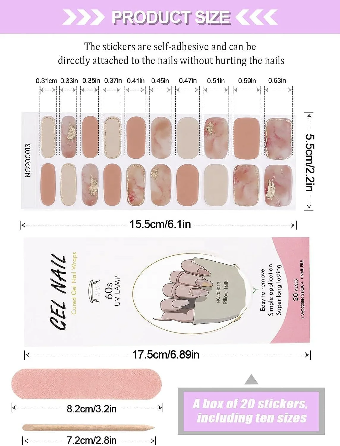 20PCS Gel Nail  Strips, Adhesive Full Wrap Gel Nail Art Sticker, Waterproof Gel Nail Wrap Stickers with Nail File and Stick