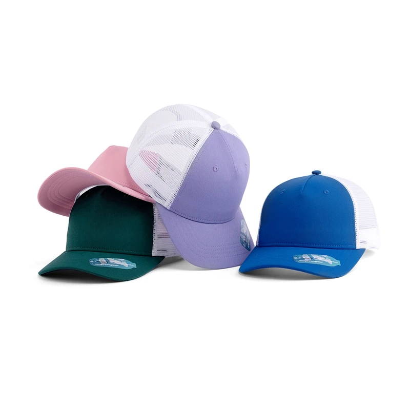 Breathable structured sustainable eco RPET fabric mesh cotton twill high crown 5 panel recycled trucker hat