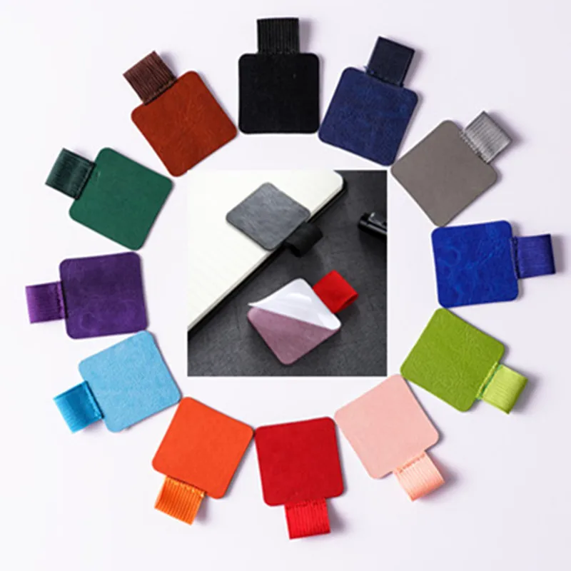 Wholesale custom square round elastic pencil holder pu leather pen clip self adhesive elastische pen loop for notebooks journals